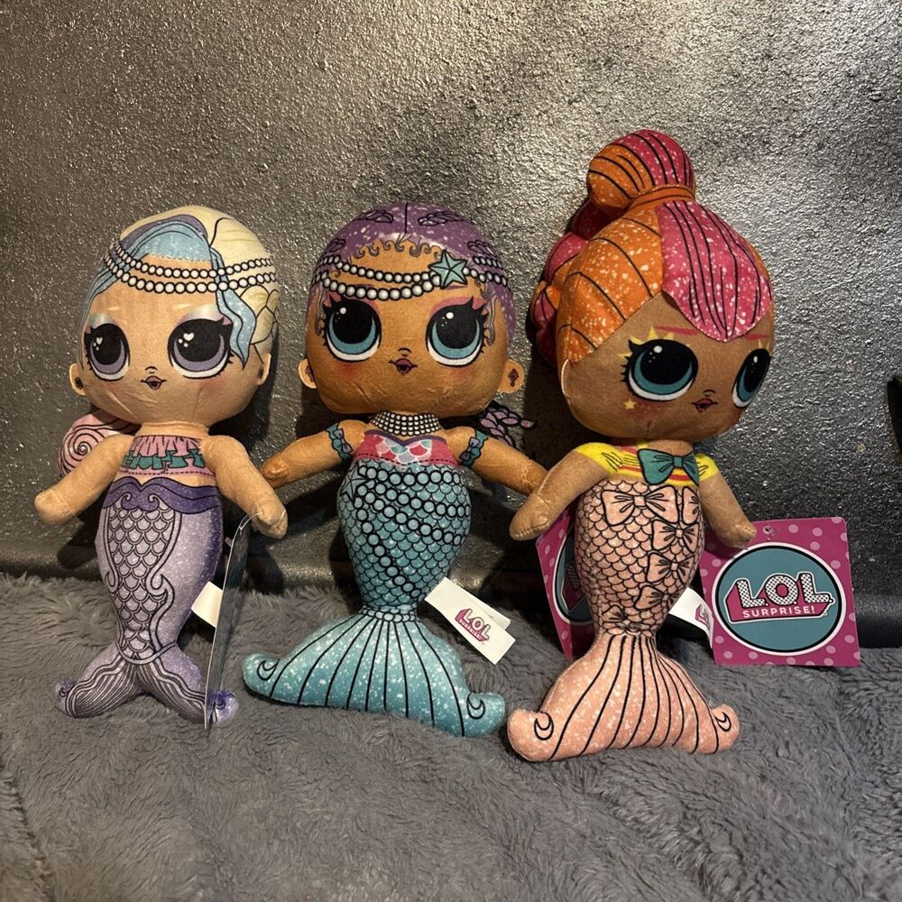 LOL Surprise Mermaid Plush Doll Lot 3 Dolls Bundle Purple Teal Peach Tail 8”